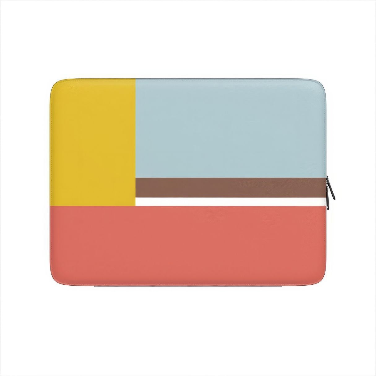 Laptop Sleeve with Retro Stripes Red pattern design with a bold color blocks in vintage, mid century modern style, featuring an elegant and expressive aesthetic design. Main colors are yellow, muted red and light blue. Front view.