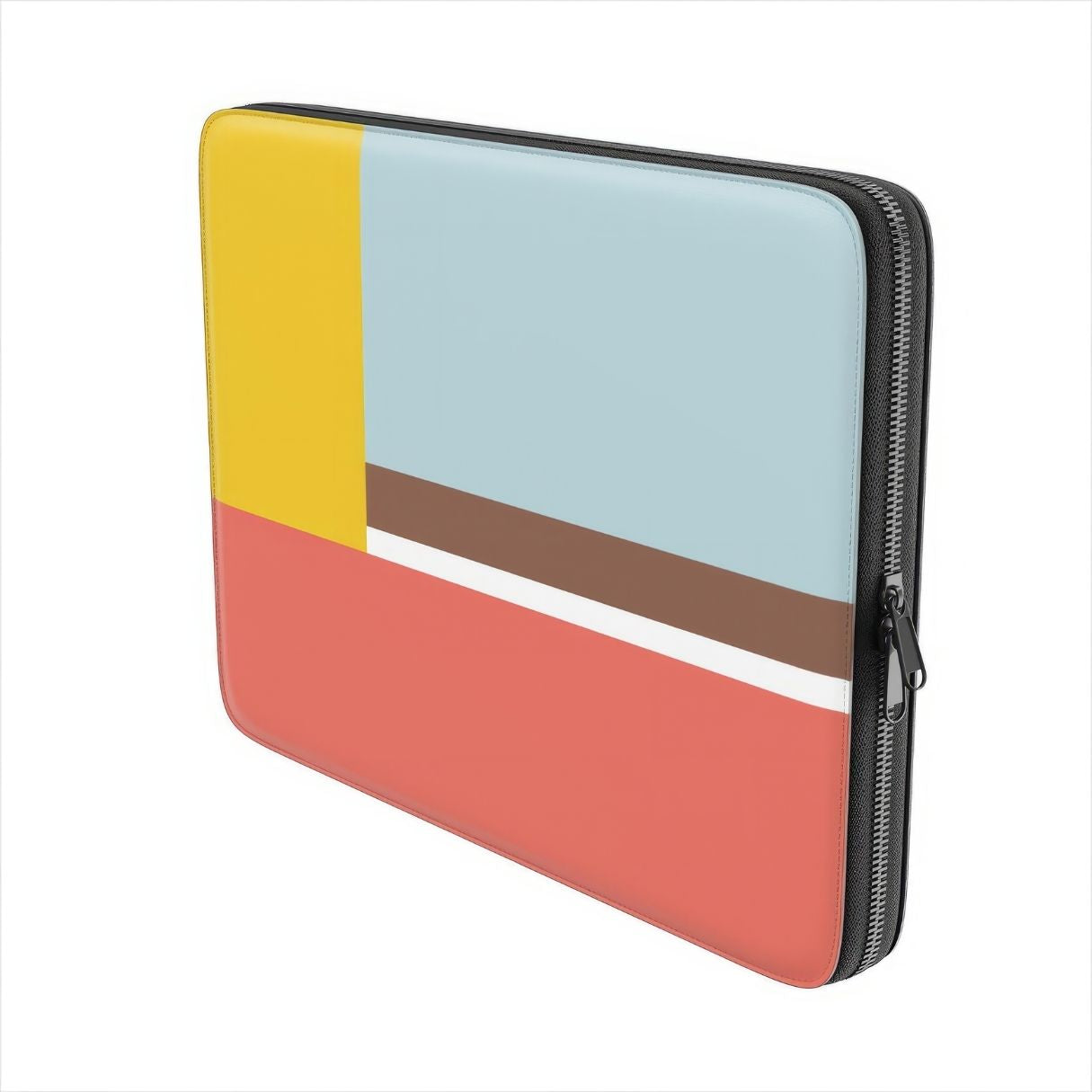 Laptop Sleeve with Retro Stripes Red pattern design with a bold color blocks in vintage, mid century modern style, featuring an elegant and expressive aesthetic design. Main colors are yellow, muted red and light blue. Side view.