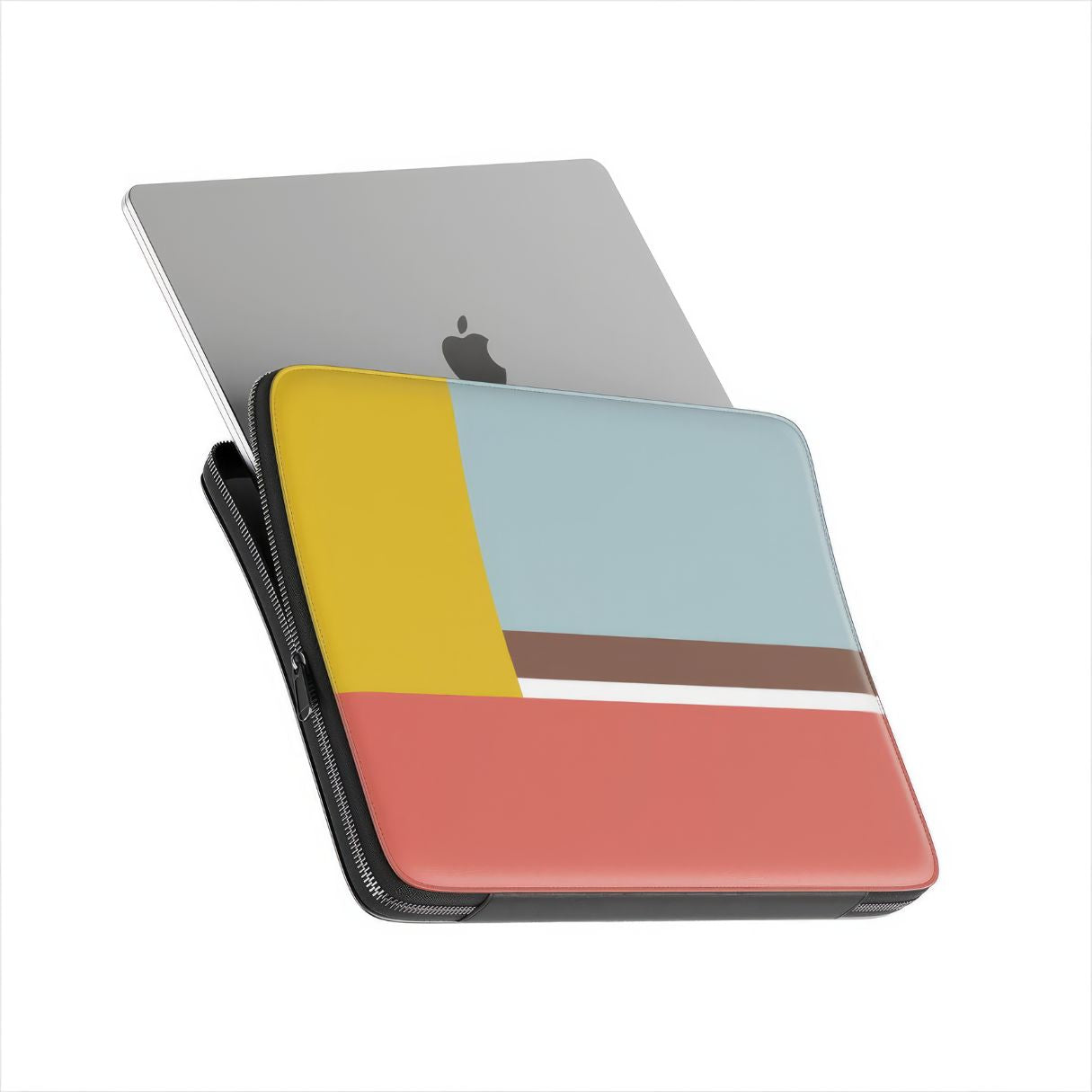 Laptop Sleeve with Retro Stripes Red pattern design with a bold color blocks in vintage, mid century modern style, featuring an elegant and expressive aesthetic design. Main colors are yellow, muted red and light blue. Side view with device.