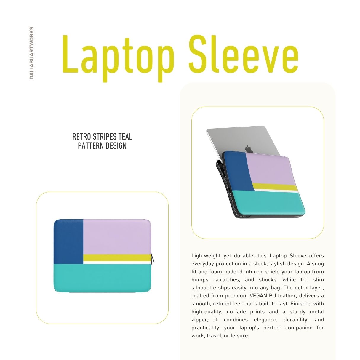 Laptop Sleeve with Retro Stripes Teal pattern design with a bold color blocks in vintage, mid century modern style, featuring an elegant and expressive aesthetic design. Main colors are navy blue, teal green, lilac and yellow. Extend view. Description.