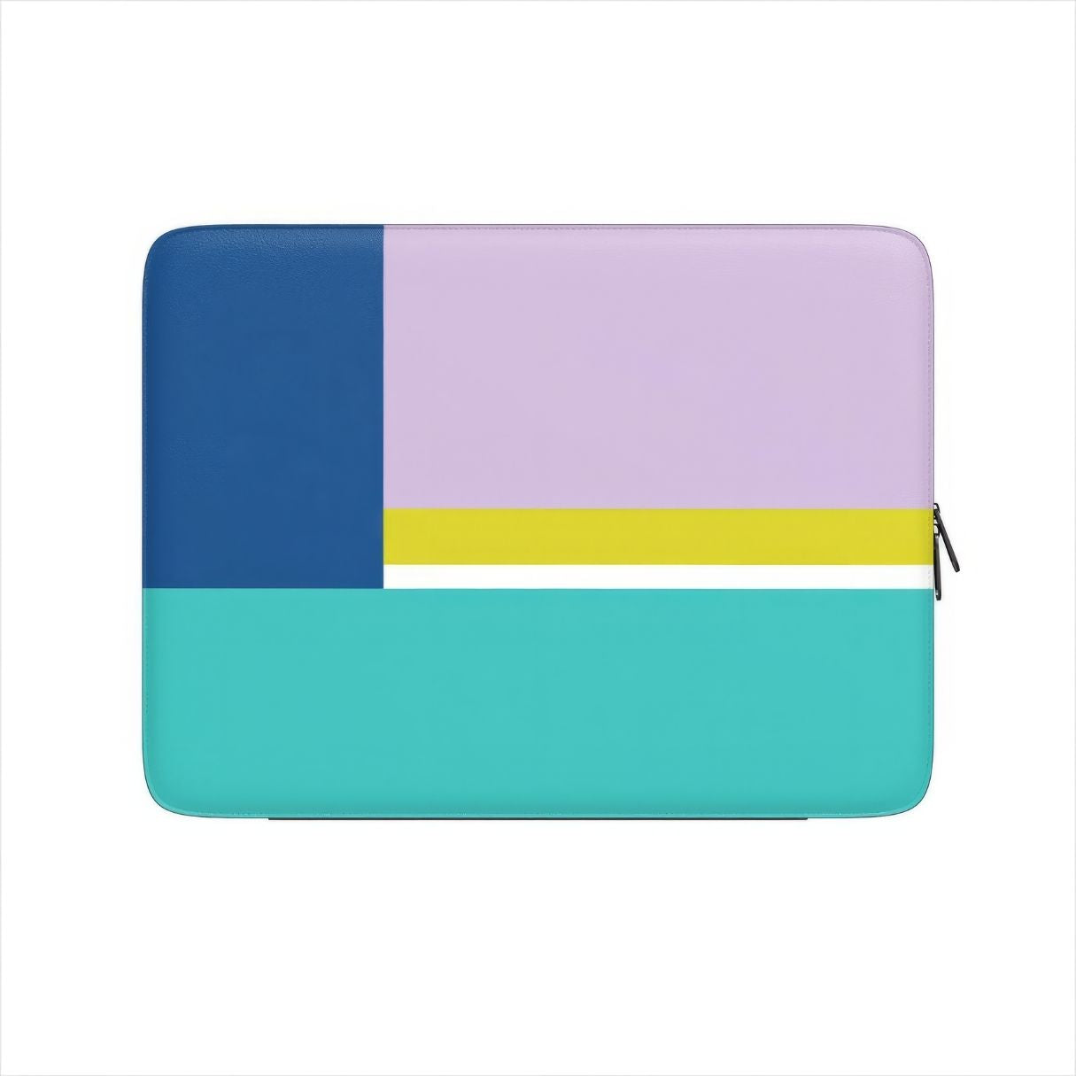 Laptop Sleeve with Retro Stripes Teal pattern design with a bold color blocks in vintage, mid century modern style, featuring an elegant and expressive aesthetic design. Main colors are navy blue, teal green, lilac and yellow. Extend view. Front view.
