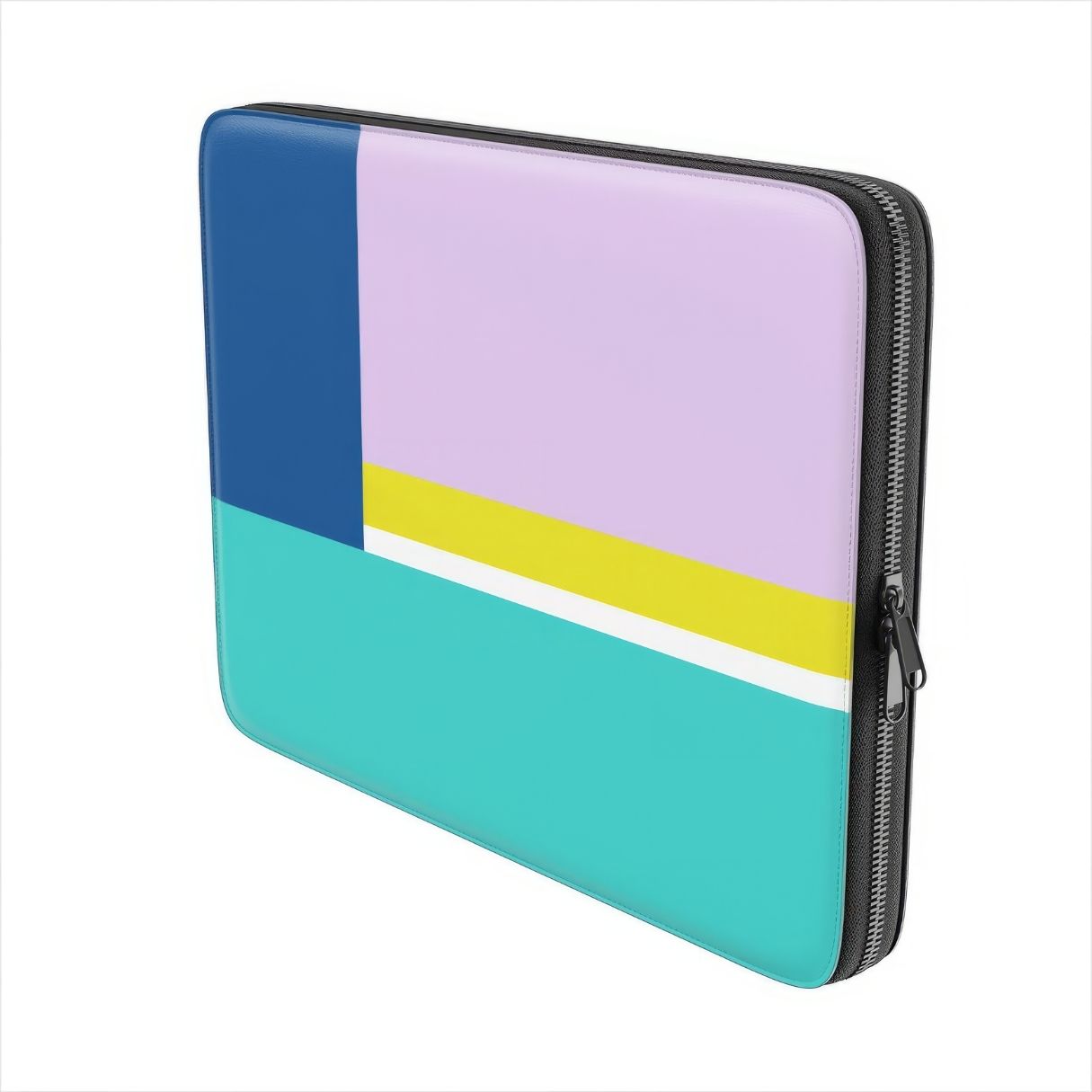Laptop Sleeve with Retro Stripes Teal pattern design with a bold color blocks in vintage, mid century modern style, featuring an elegant and expressive aesthetic design. Main colors are navy blue, teal green, lilac and yellow. Extend view. Side view.