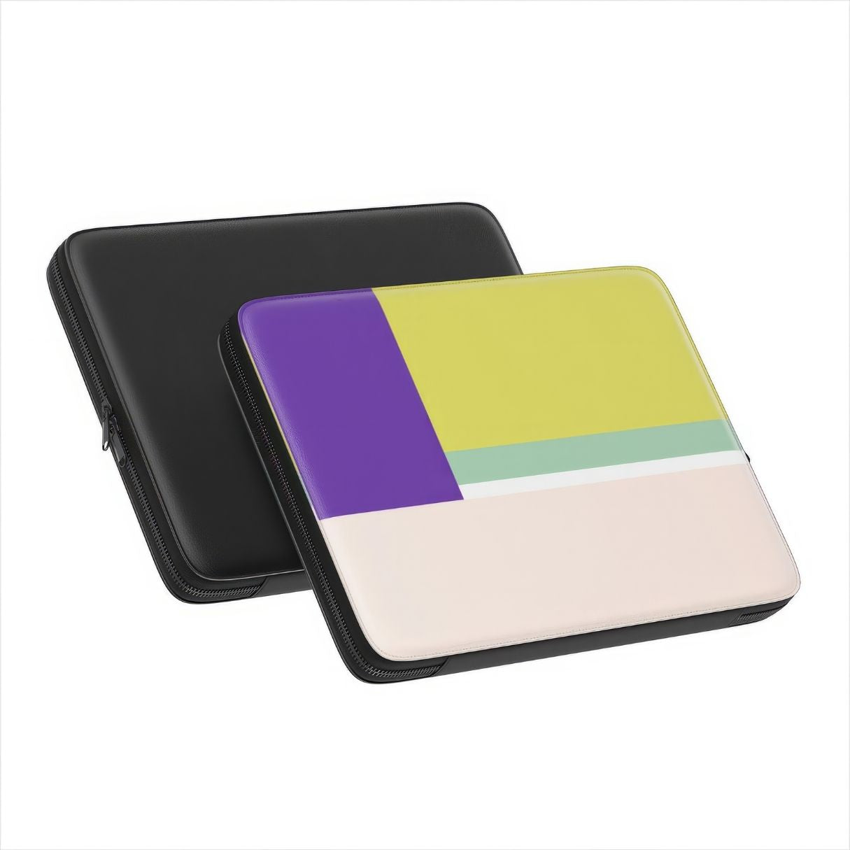 Laptop Sleeve Retro Stripes Yellow pattern design with a bold color blocks in vintage, mid century modern style, featuring an elegant and expressive aesthetic design. Main colors are mustard yellow, purple and light pink. Front and back view.