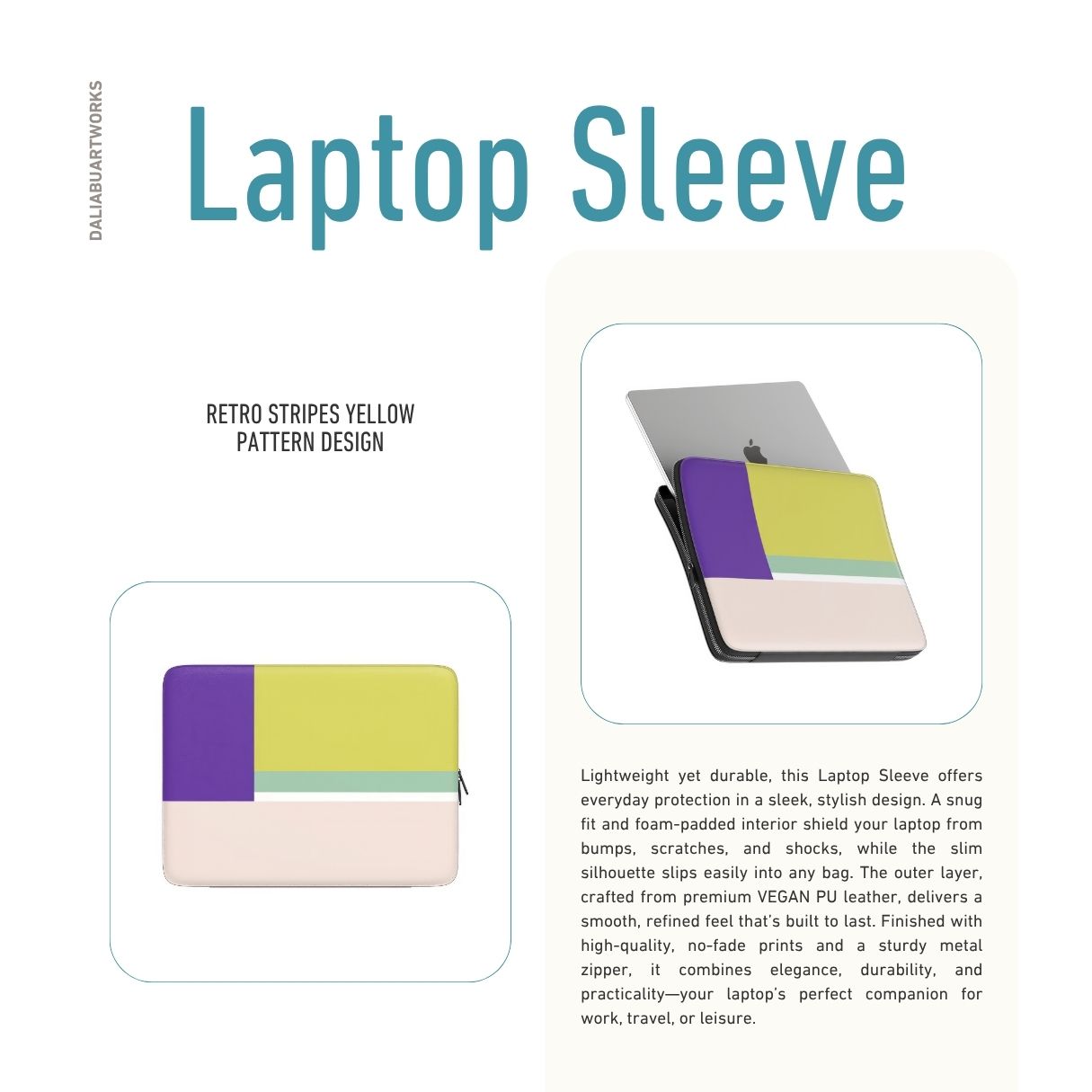 Laptop Sleeve Retro Stripes Yellow pattern design with a bold color blocks in vintage, mid century modern style, featuring an elegant and expressive aesthetic design. Main colors are mustard yellow, purple and light pink. Description.