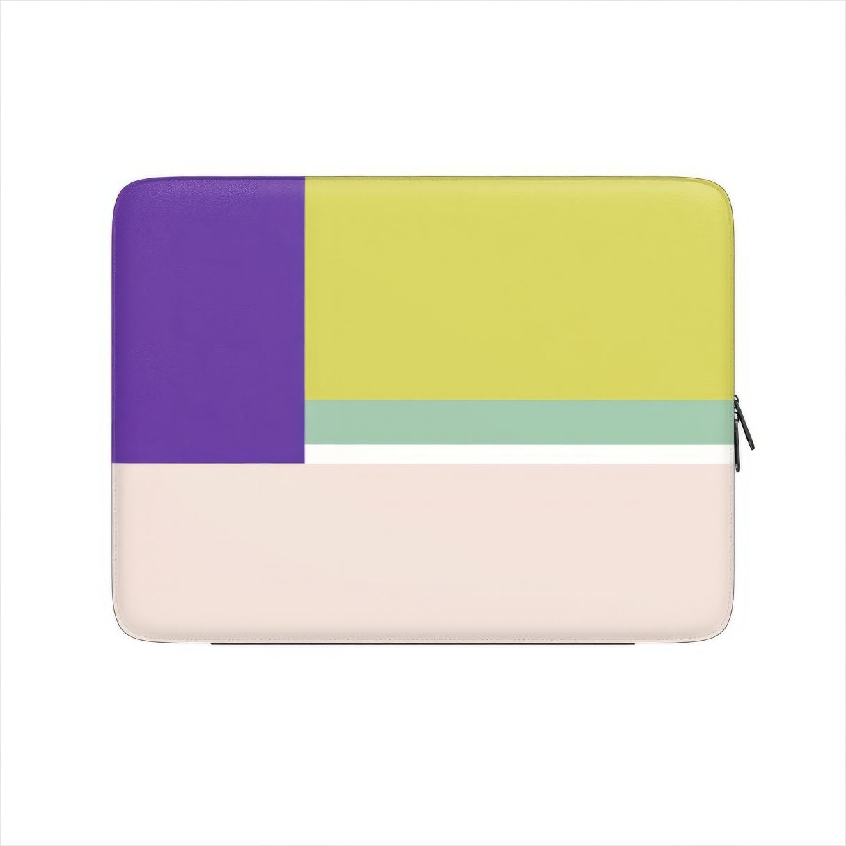 Laptop Sleeve Retro Stripes Yellow pattern design with a bold color blocks in vintage, mid century modern style, featuring an elegant and expressive aesthetic design. Main colors are mustard yellow, purple and light pink. Front view.