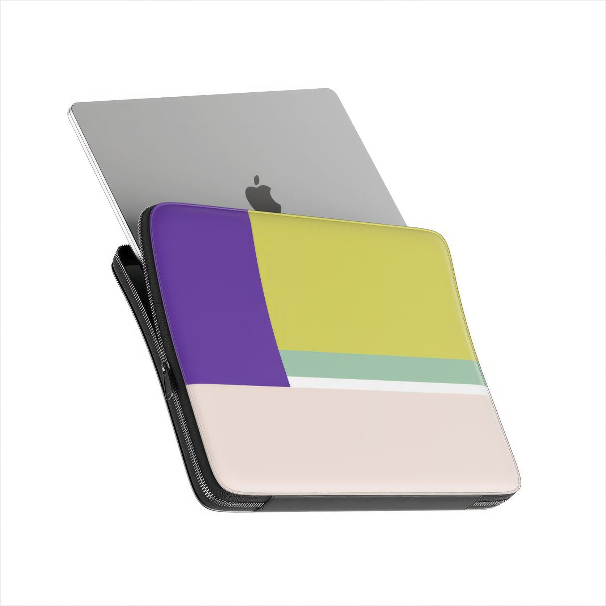 Laptop Sleeve Retro Stripes Yellow pattern design with a bold color blocks in vintage, mid century modern style, featuring an elegant and expressive aesthetic design. Main colors are mustard yellow, purple and light pink. Side view with device.