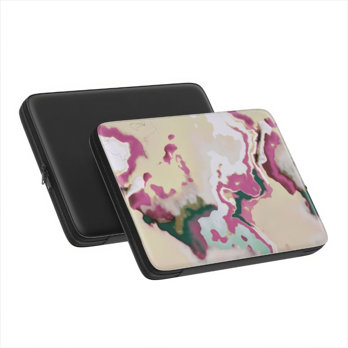 Laptop Sleeve with Sandscape Dream pattern, artistic, abstract marble pattern. Beige and purple  colors. Bold expressive aesthetic design. Colorful and interior fit. Front and back view.