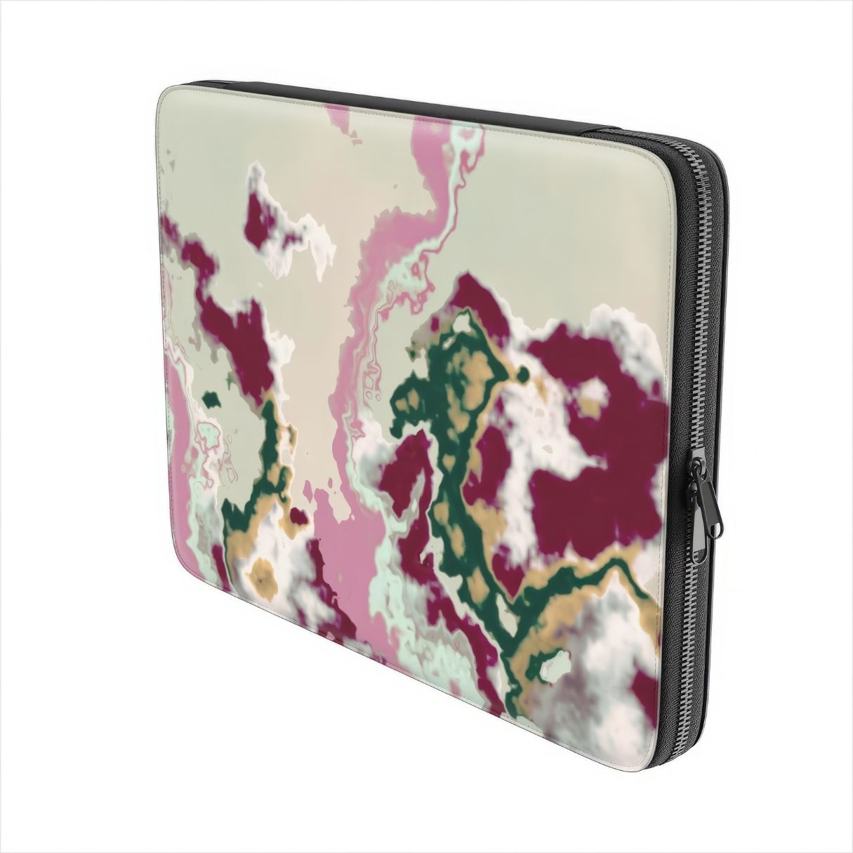 Laptop Sleeve side view view; Sandscape Dream Burgundy pattern, artistic, abstract pattern. Beige, green and bordeaux  colors. Bold expressive aesthetic design. Colorful and interior fit.