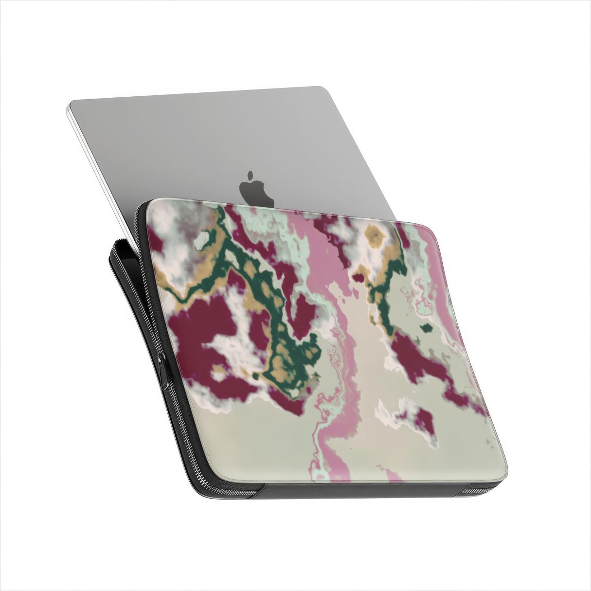 Laptop Sleeve side view with laptop; Sandscape Dream Burgundy pattern, artistic, abstract pattern. Beige, green and bordeaux  colors. Bold expressive aesthetic design. Colorful and interior fit.