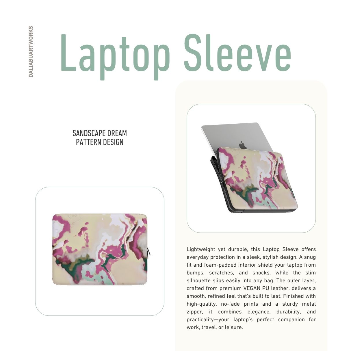 Laptop Sleeve with Sandscape Dream pattern, artistic, abstract marble pattern. Beige and purple  colors. Bold expressive aesthetic design. Colorful and interior fit. Description.