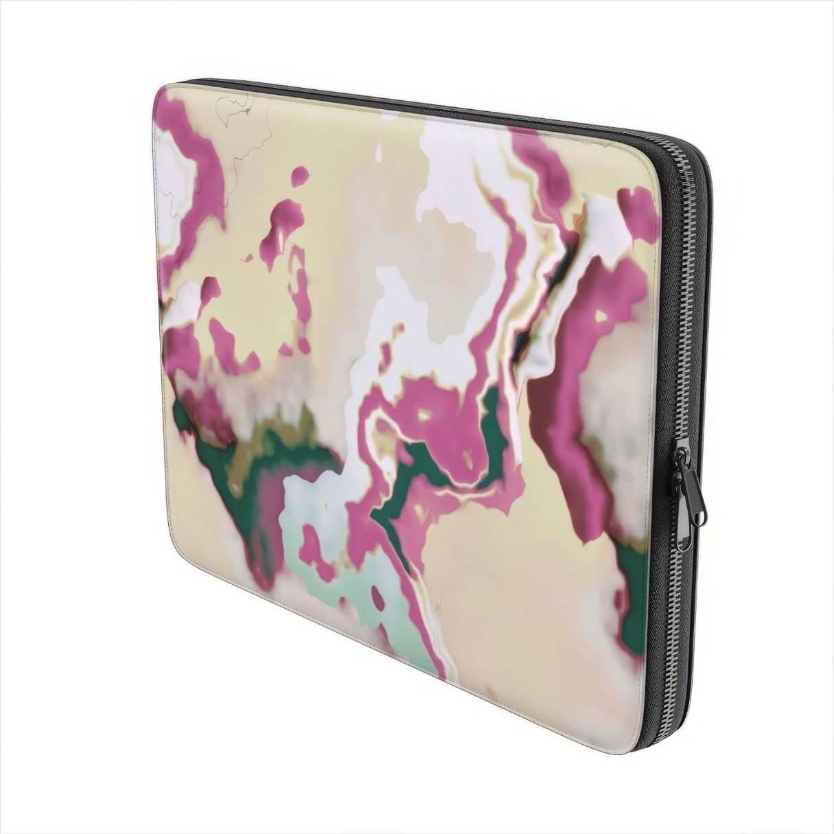 Laptop Sleeve with Sandscape Dream pattern, artistic, abstract marble pattern. Beige and purple  colors. Bold expressive aesthetic design. Colorful and interior fit. Side view.