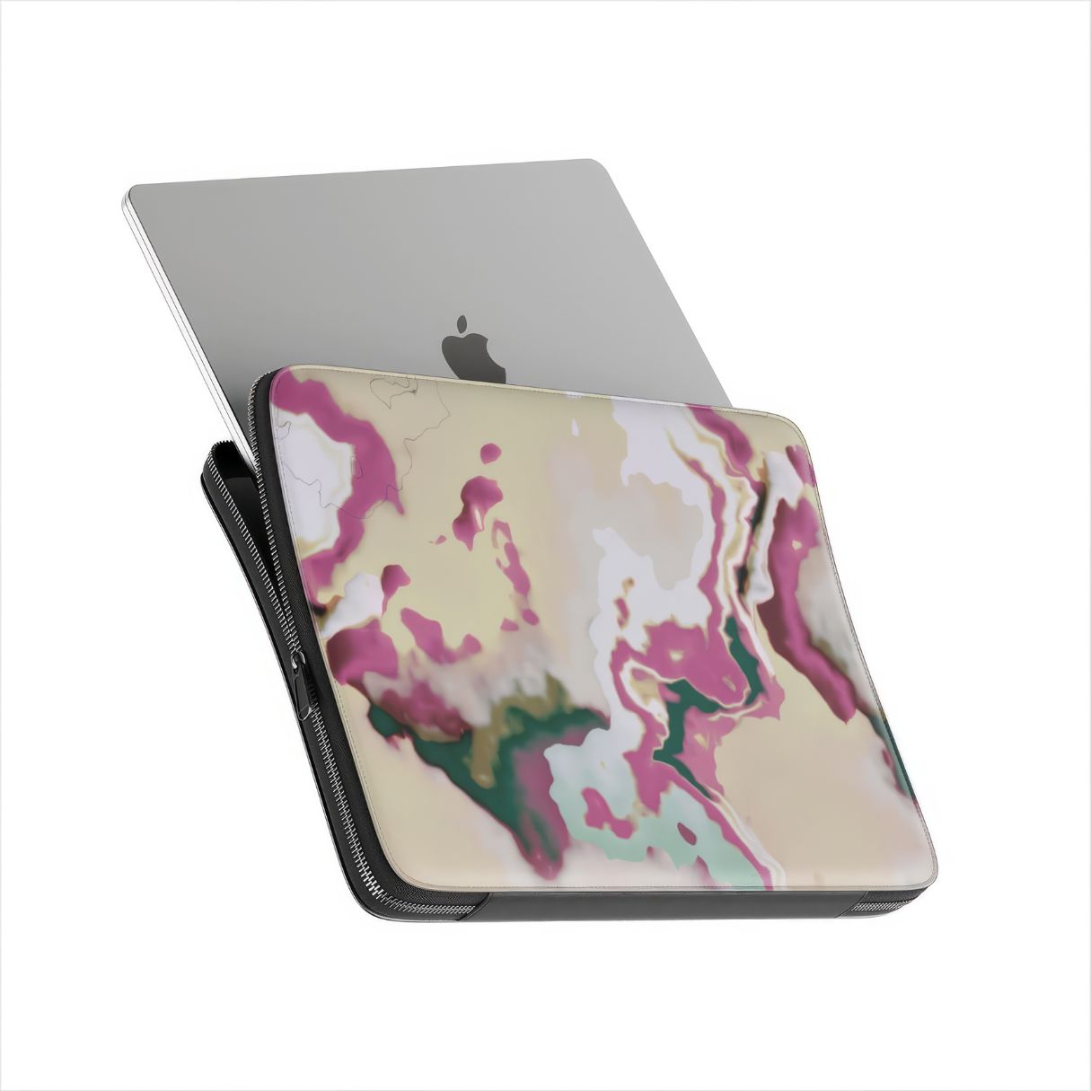 Laptop Sleeve with Sandscape Dream pattern, artistic, abstract marble pattern. Beige and purple  colors. Bold expressive aesthetic design. Colorful and interior fit. Side view with device.
