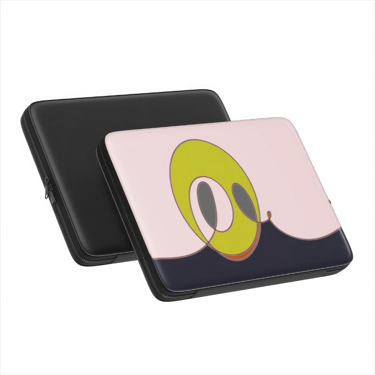 Laptop Sleeve Smile pattern design with a playful, bold expression of joy captured in abstract form, featuring an elegant and expressive aesthetic design. Main colors are pink and mustard yellow. Front and back view.