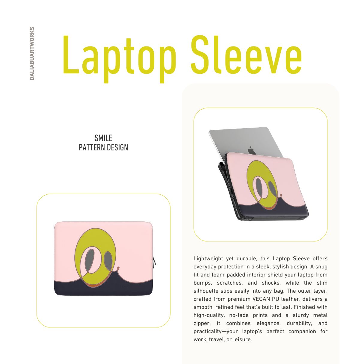  Laptop Sleeve Smile pattern design with a playful, bold expression of joy captured in abstract form, featuring an elegant and expressive aesthetic design. Main colors are pink and mustard yellow. Description.