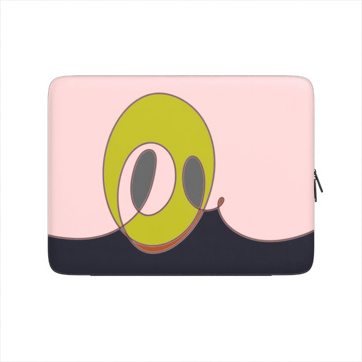 Laptop Sleeve Smile pattern design with a playful, bold expression of joy captured in abstract form, featuring an elegant and expressive aesthetic design. Main colors are pink and mustard yellow. Front view.