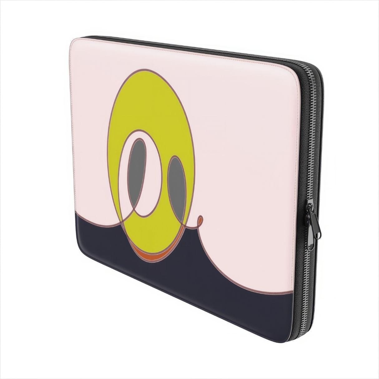 Laptop Sleeve Smile pattern design with a playful, bold expression of joy captured in abstract form, featuring an elegant and expressive aesthetic design. Main colors are pink and mustard yellow. Side view.