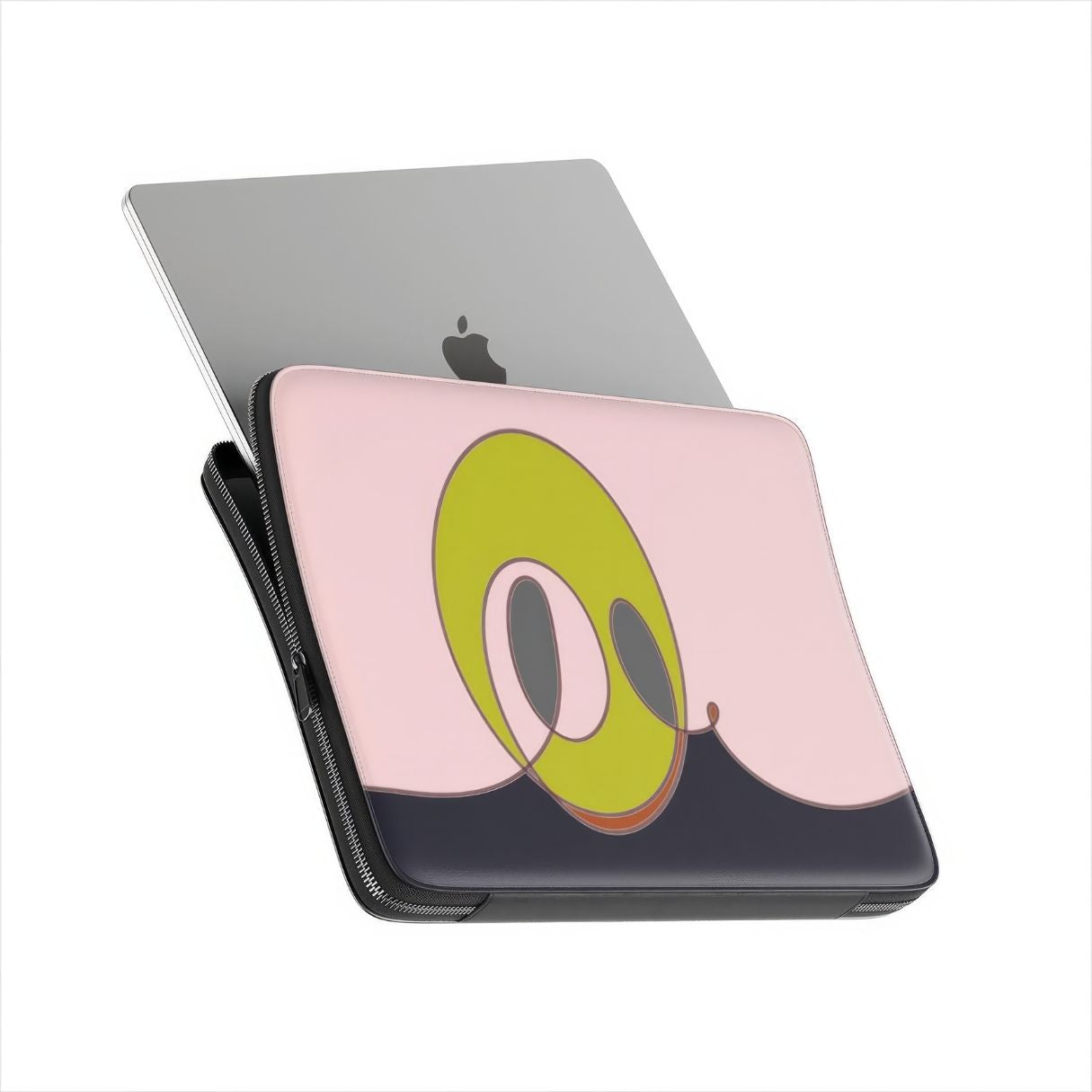 Laptop Sleeve Smile pattern design with a playful, bold expression of joy captured in abstract form, featuring an elegant and expressive aesthetic design. Main colors are pink and mustard yellow. Side view with device.