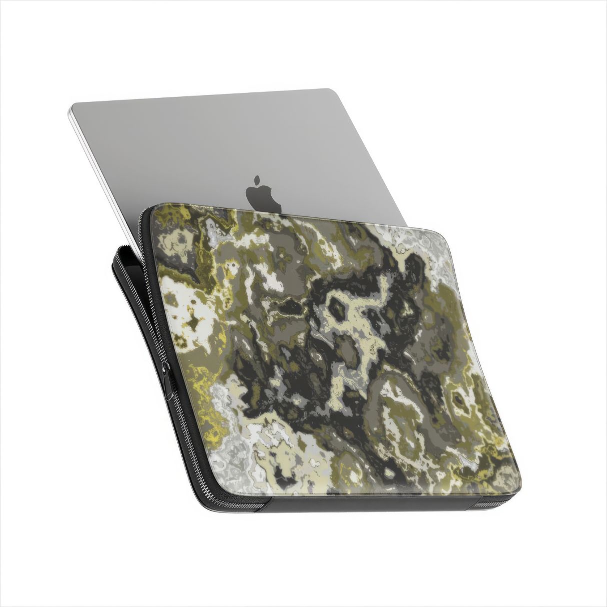 Laptop Sleeve with Spring Rain pattern, artistic, abstract marble pattern. Yellow, black and grey color combination. Bold expressive aesthetic design. Colorful and interior fit. Side view with device.