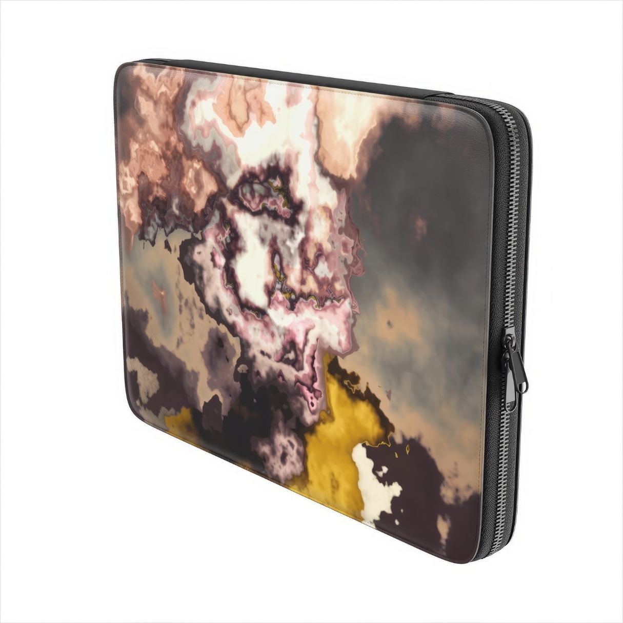 Laptop Sleeve with Storm pattern, artistic, abstract marble pattern. Yellow and beige color combination. Bold expressive aesthetic design. Colorful and interior fit. Side view.