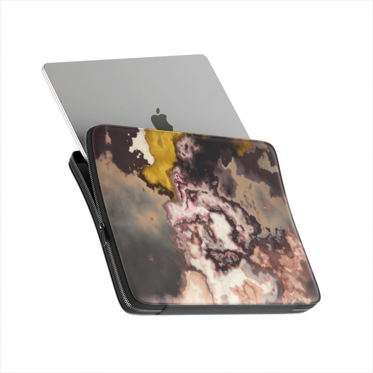 Laptop Sleeve with Storm pattern, artistic, abstract marble pattern. Yellow and beige color combination. Bold expressive aesthetic design. Colorful and interior fit. Side view with device.