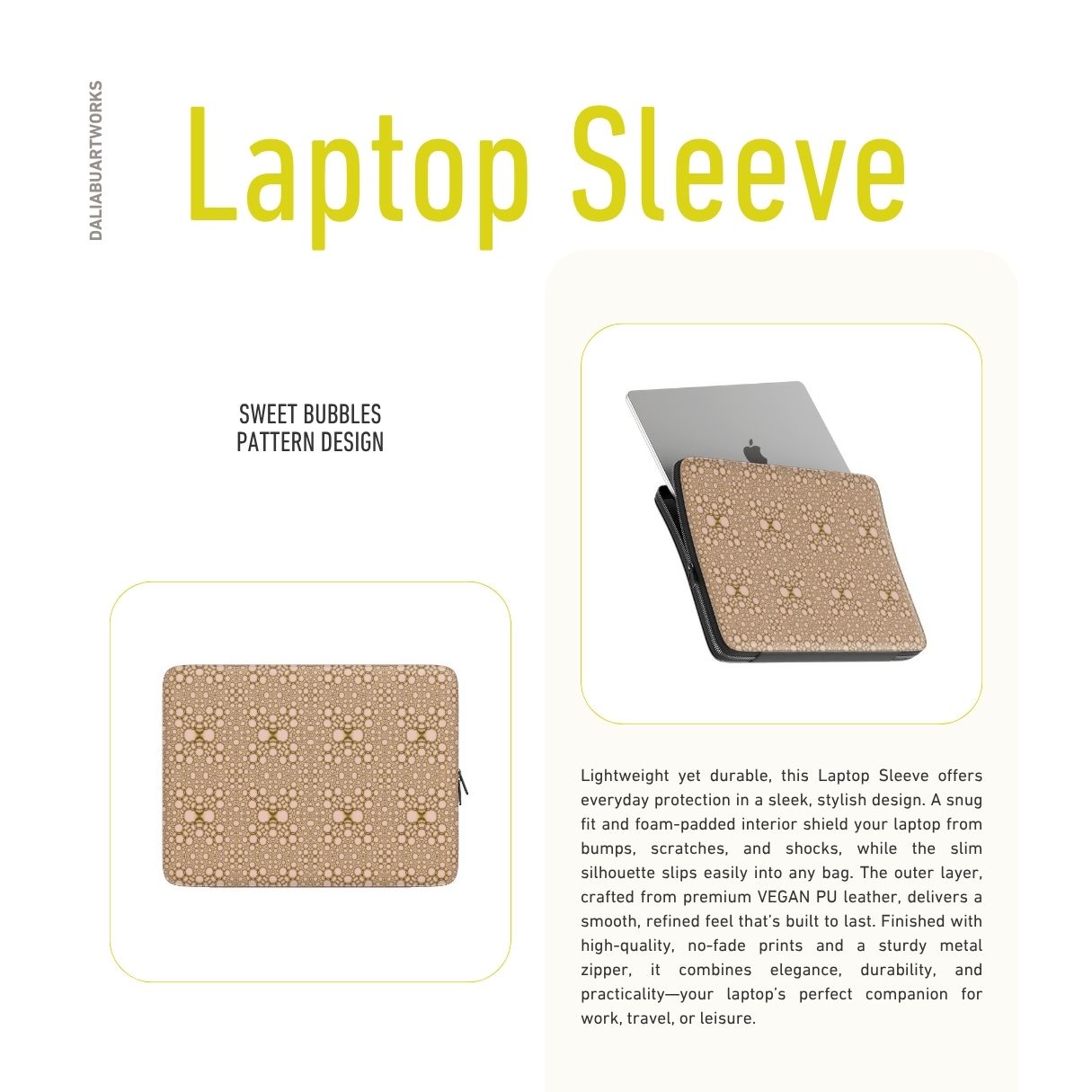 Laptop Sleeve with Sweet Bubbles pattern, ornamental pattern; kaleidoscope pattern imagination. Bold expressive aesthetic design. Colorful and interior fit. Description.