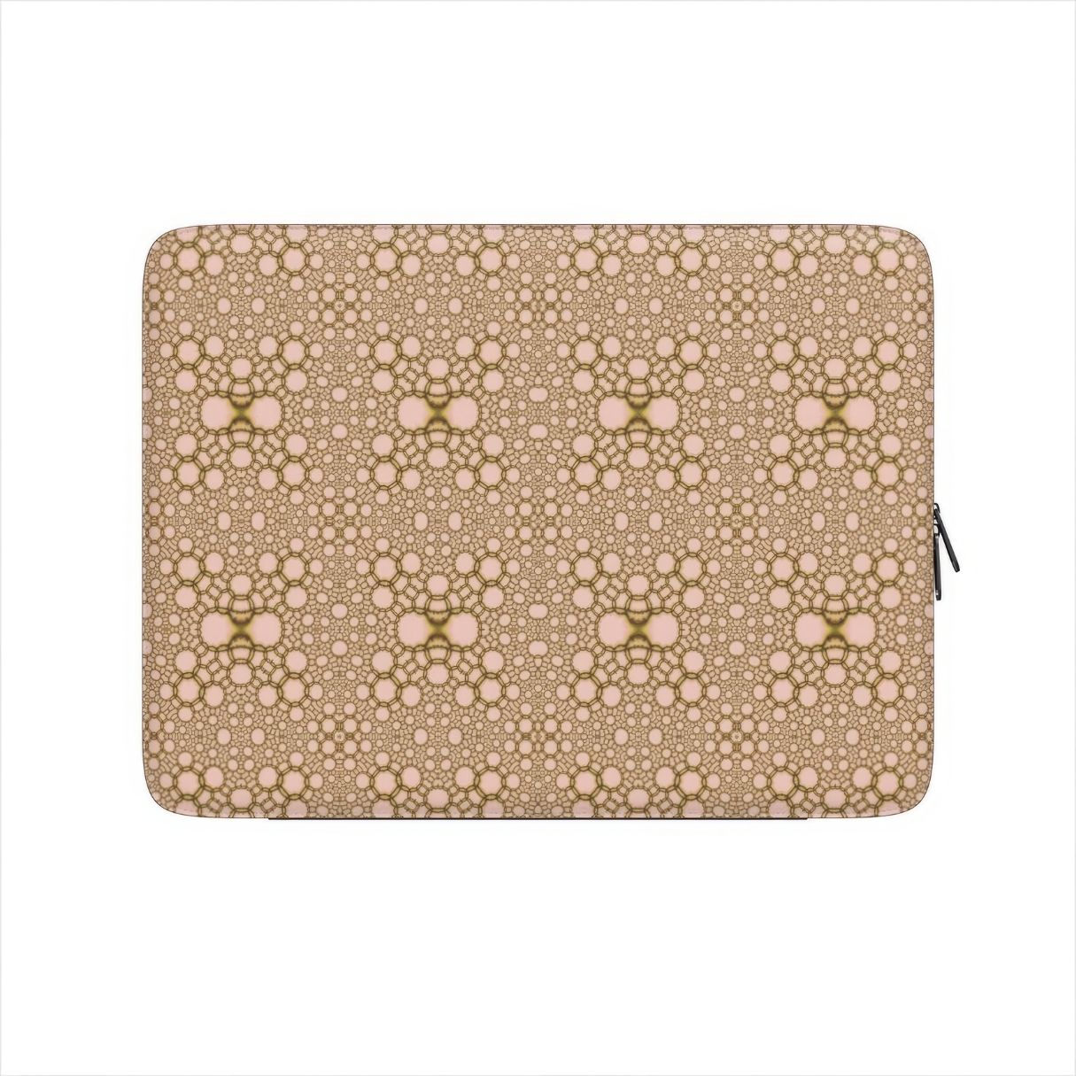 Laptop Sleeve with Sweet Bubbles pattern, ornamental pattern; kaleidoscope pattern imagination. Bold expressive aesthetic design. Colorful and interior fit. Front view.