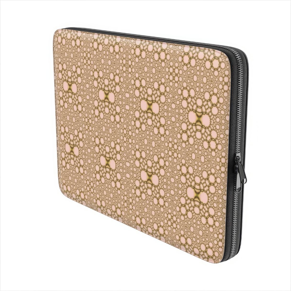 Laptop Sleeve with Sweet Bubbles pattern, ornamental pattern; kaleidoscope pattern imagination. Bold expressive aesthetic design. Colorful and interior fit. Side view.