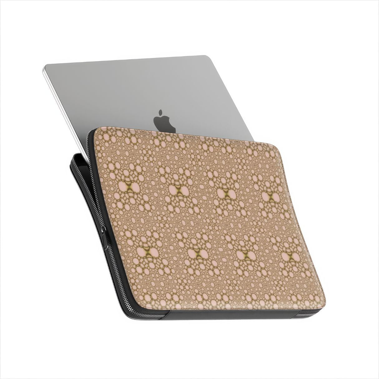Laptop Sleeve with Sweet Bubbles pattern, ornamental pattern; kaleidoscope pattern imagination. Bold expressive aesthetic design. Colorful and interior fit. Side view with device.