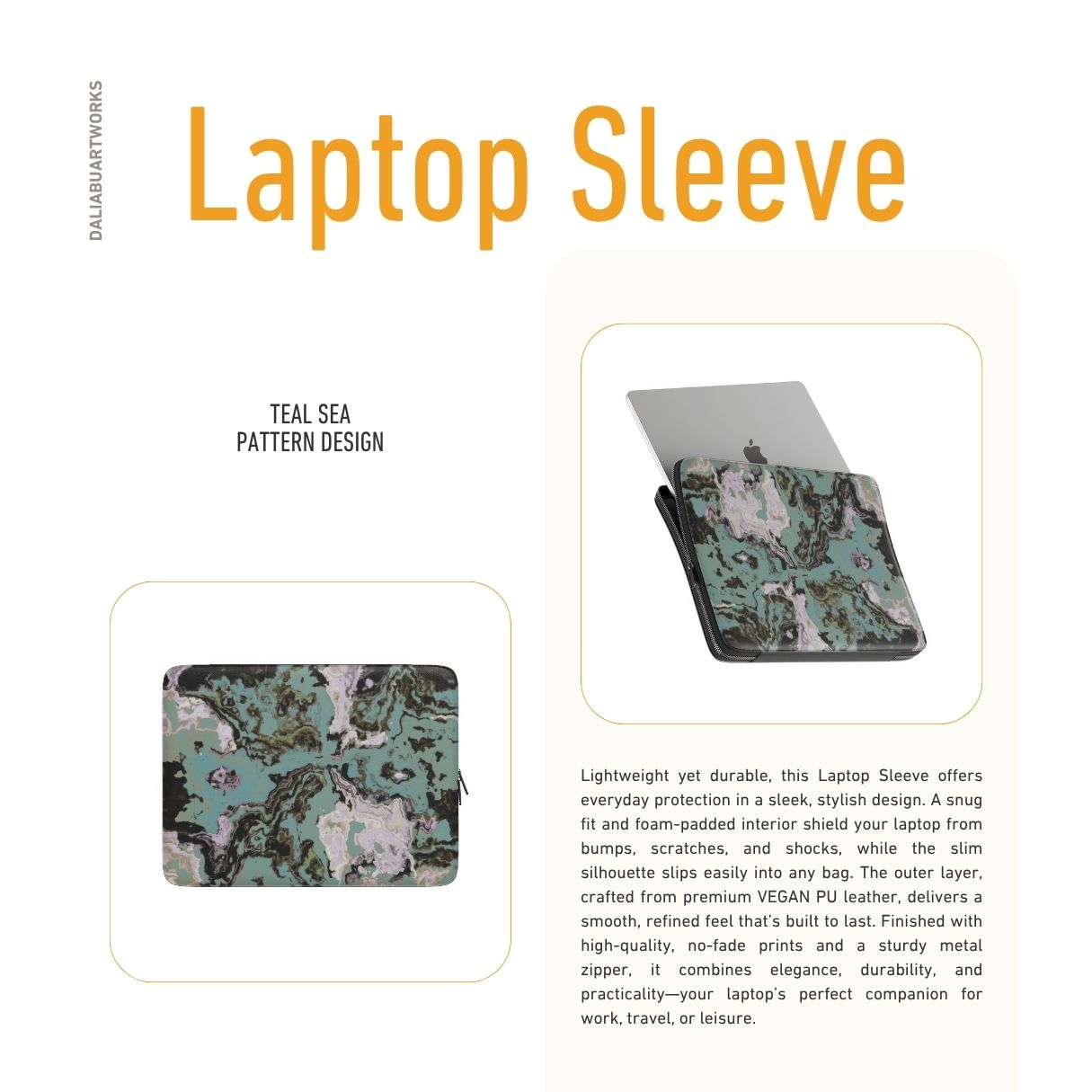 Laptop Sleeve with with a bold vivid pattern in marble abstract and artistic style, featuring an elegant and expressive aesthetic design. Main colors are teal blue and light lilac. Description.