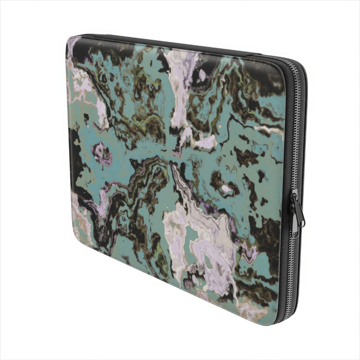 Laptop Sleeve with with a bold vivid pattern in marble abstract and artistic style, featuring an elegant and expressive aesthetic design. Main colors are teal blue and light lilac. Side view.