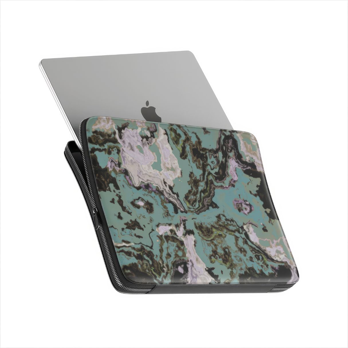 Laptop Sleeve with with a bold vivid pattern in marble abstract and artistic style, featuring an elegant and expressive aesthetic design. Main colors are teal blue and light lilac. Side view with device.