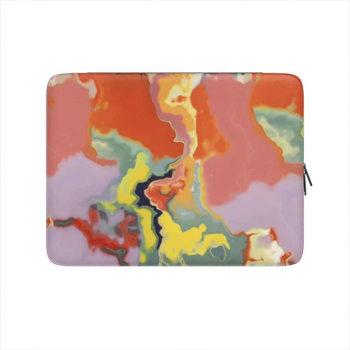 Laptop Sleeve with Tropical pattern, artistic, abstract marble pattern. Orange and green color combination. Bold expressive aesthetic design. Colorful and interior fit. Front view.