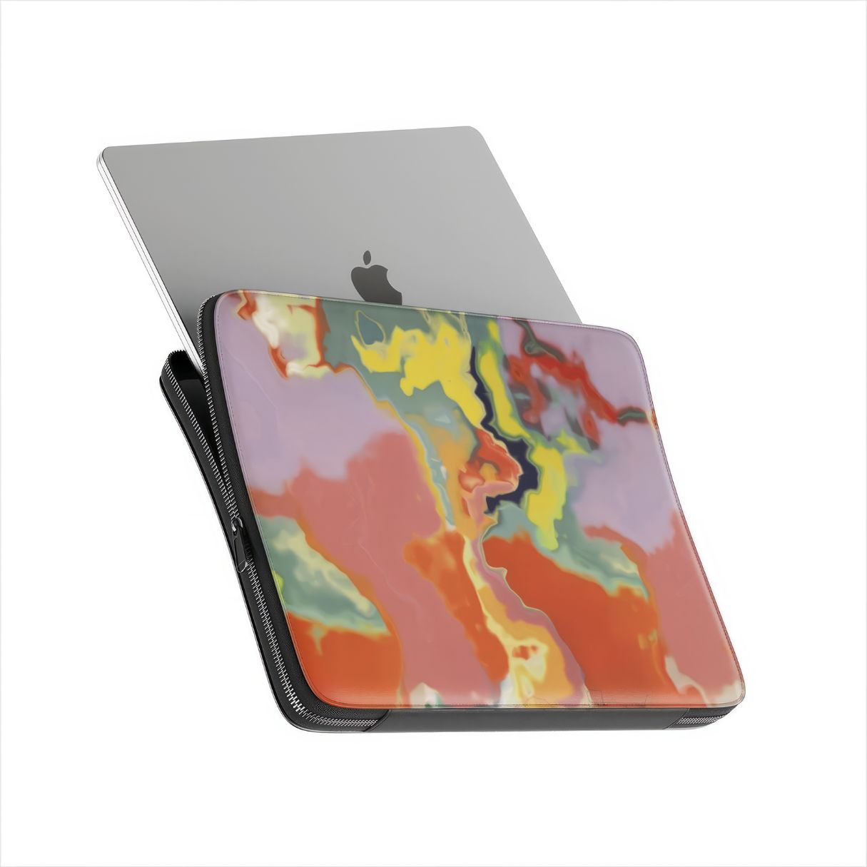 Laptop Sleeve with Tropical pattern, artistic, abstract marble pattern. Orange and green color combination. Bold expressive aesthetic design. Colorful and interior fit. Side view with device.