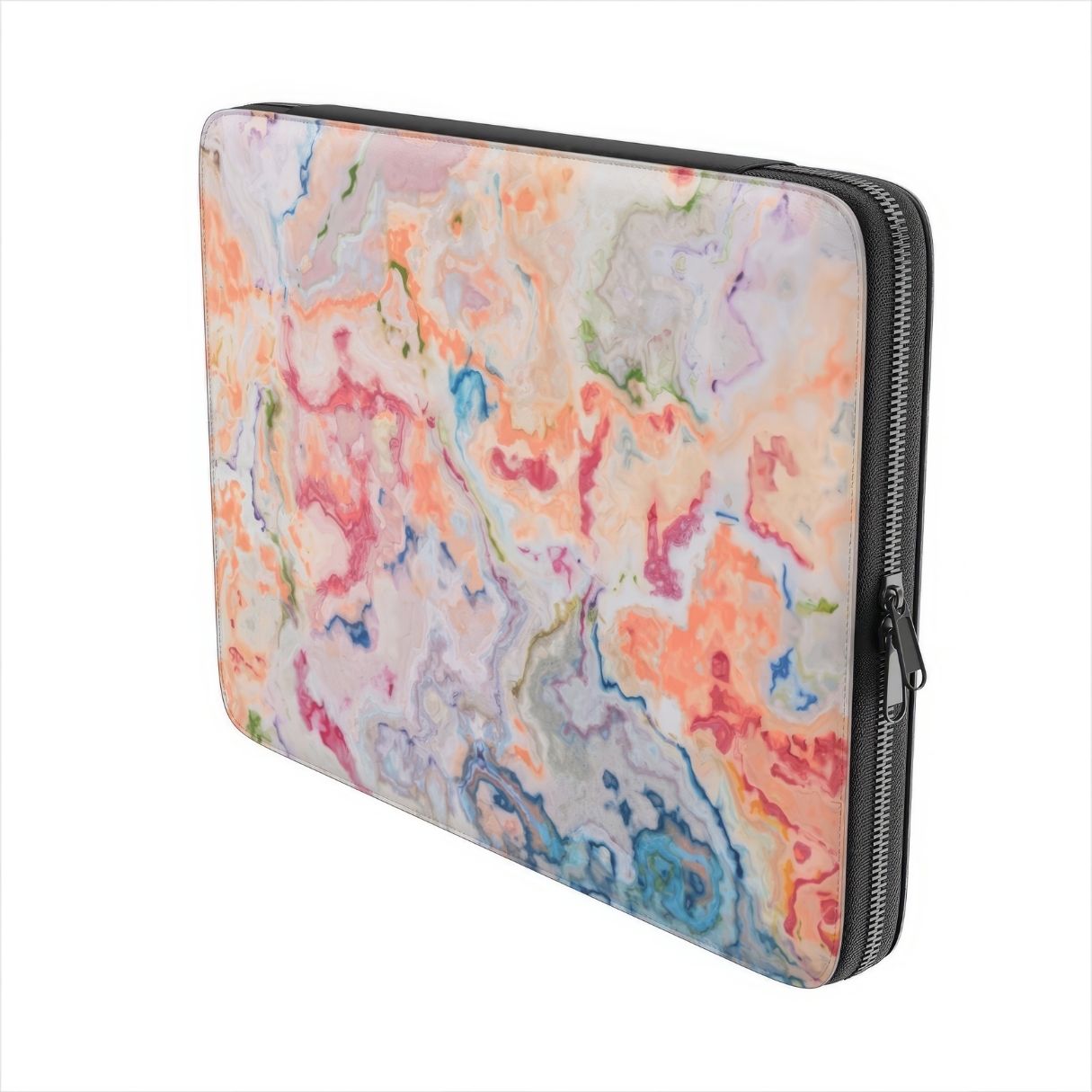 Laptop Sleeve with a bold vivid pattern Ufo in marble abstract and artistic style, featuring an elegant and expressive aesthetic design. Main colors are blue, orange and red. Side view.