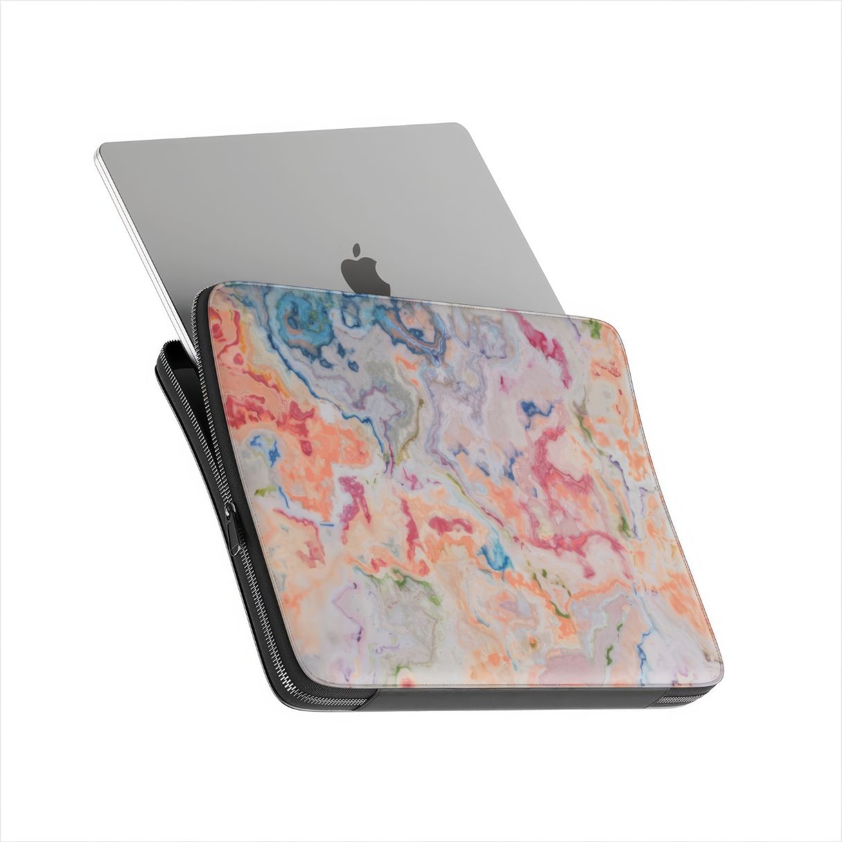 Laptop Sleeve with a bold vivid pattern Ufo in marble abstract and artistic style, featuring an elegant and expressive aesthetic design. Main colors are blue, orange and red. Side view with device.