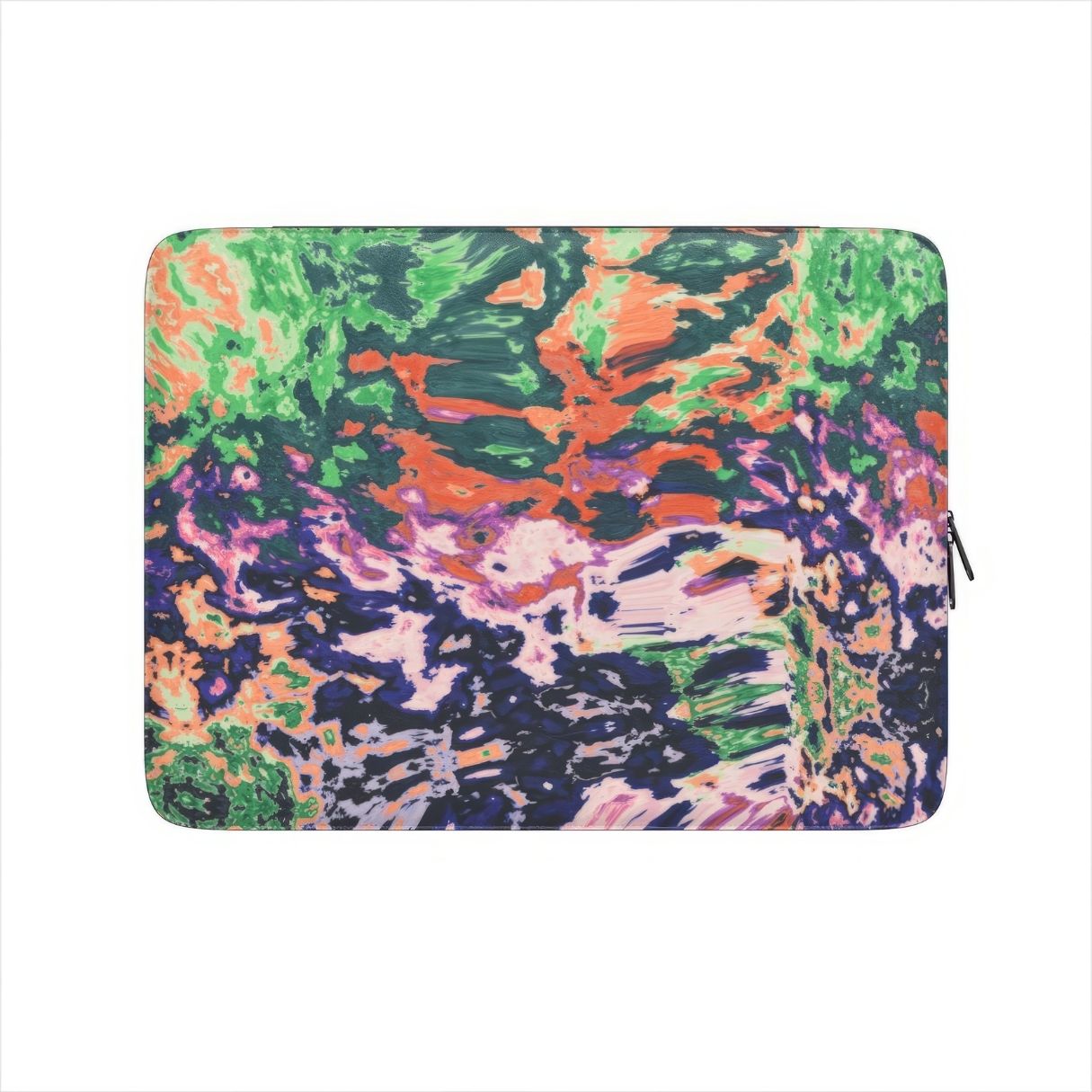 Laptop Sleeve with a bold vivid pattern Vincet in marble abstract and artistic style, featuring an elegant and expressive aesthetic design. Main colors are purple, orange and green. Side view. Front view.