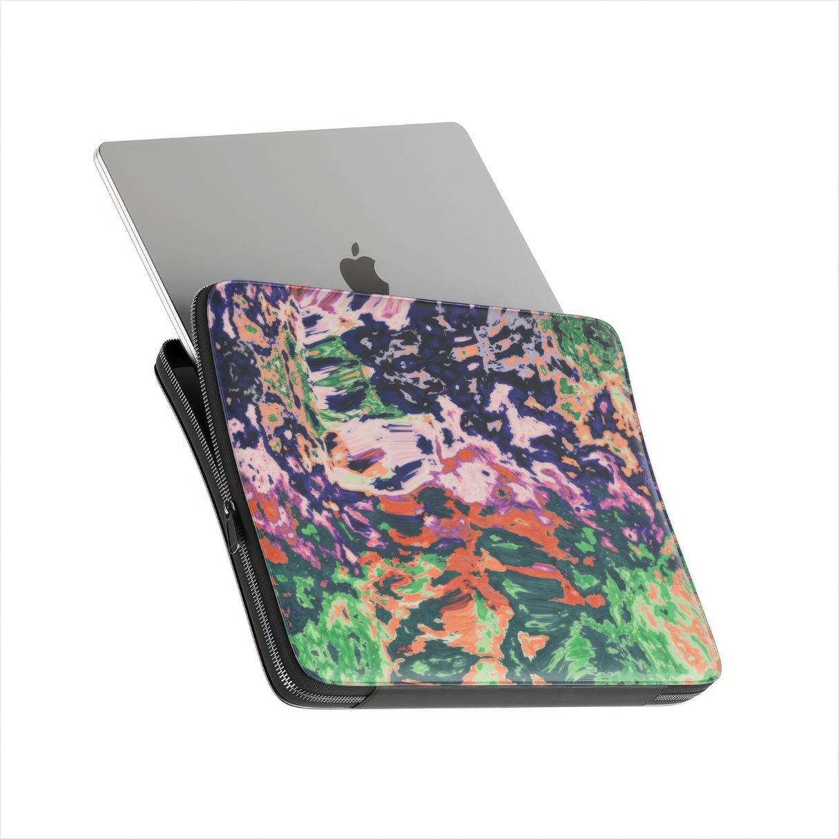 Laptop Sleeve with a bold vivid pattern Vincet in marble abstract and artistic style, featuring an elegant and expressive aesthetic design. Main colors are purple, orange and green. Side view with device.
