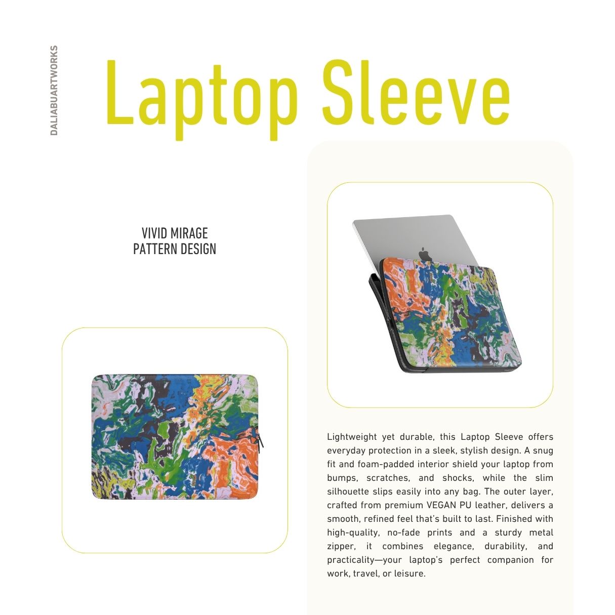 Laptop Sleeve with a bold vivid pattern in marble abstract and artistic style, featuring an elegant and expressive aesthetic design. Main colors are blue, green and yellow with slight orange. Description.