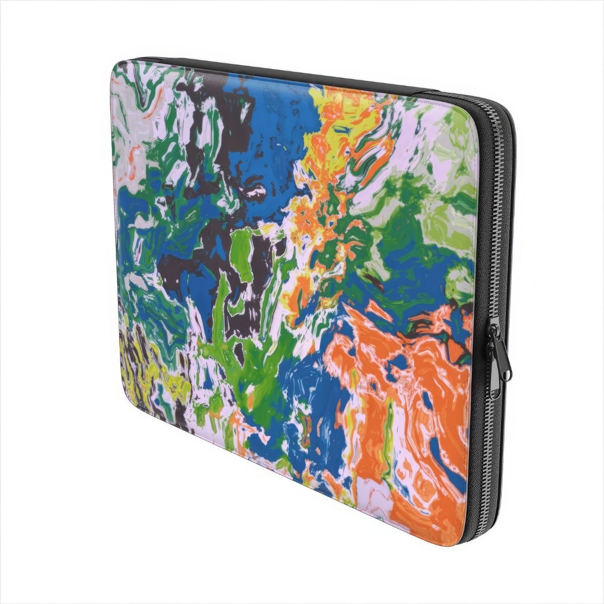 Laptop Sleeve with a bold vivid pattern in marble abstract and artistic style, featuring an elegant and expressive aesthetic design. Main colors are blue, green and yellow with slight orange. Side view.