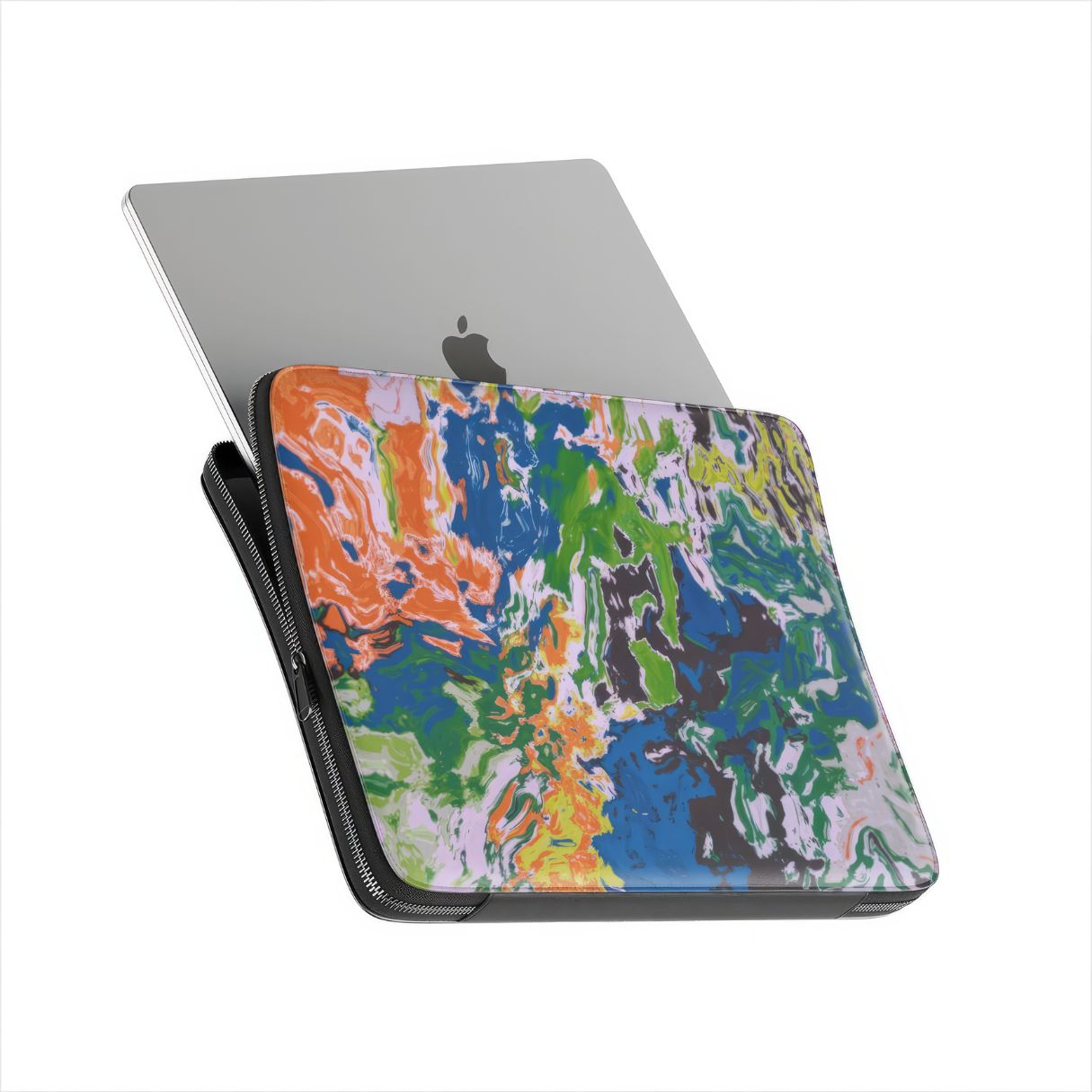 Laptop Sleeve with a bold vivid pattern in marble abstract and artistic style, featuring an elegant and expressive aesthetic design. Main colors are blue, green and yellow with slight orange. Side view with device.
