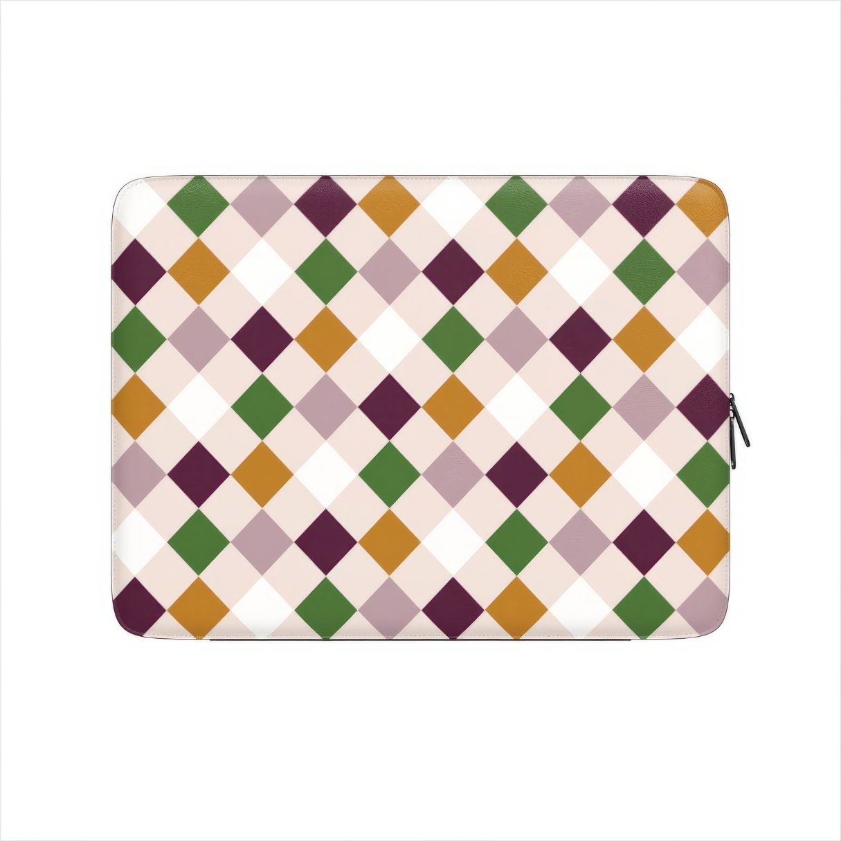 Laptop Sleeve with Wonder Chess pattern design with a dynamic geometric symmetry in chess style, featuring an elegant and expressive aesthetic design. Main colors are sugar brown, green, deep cherry and pink. Side view. Front view.