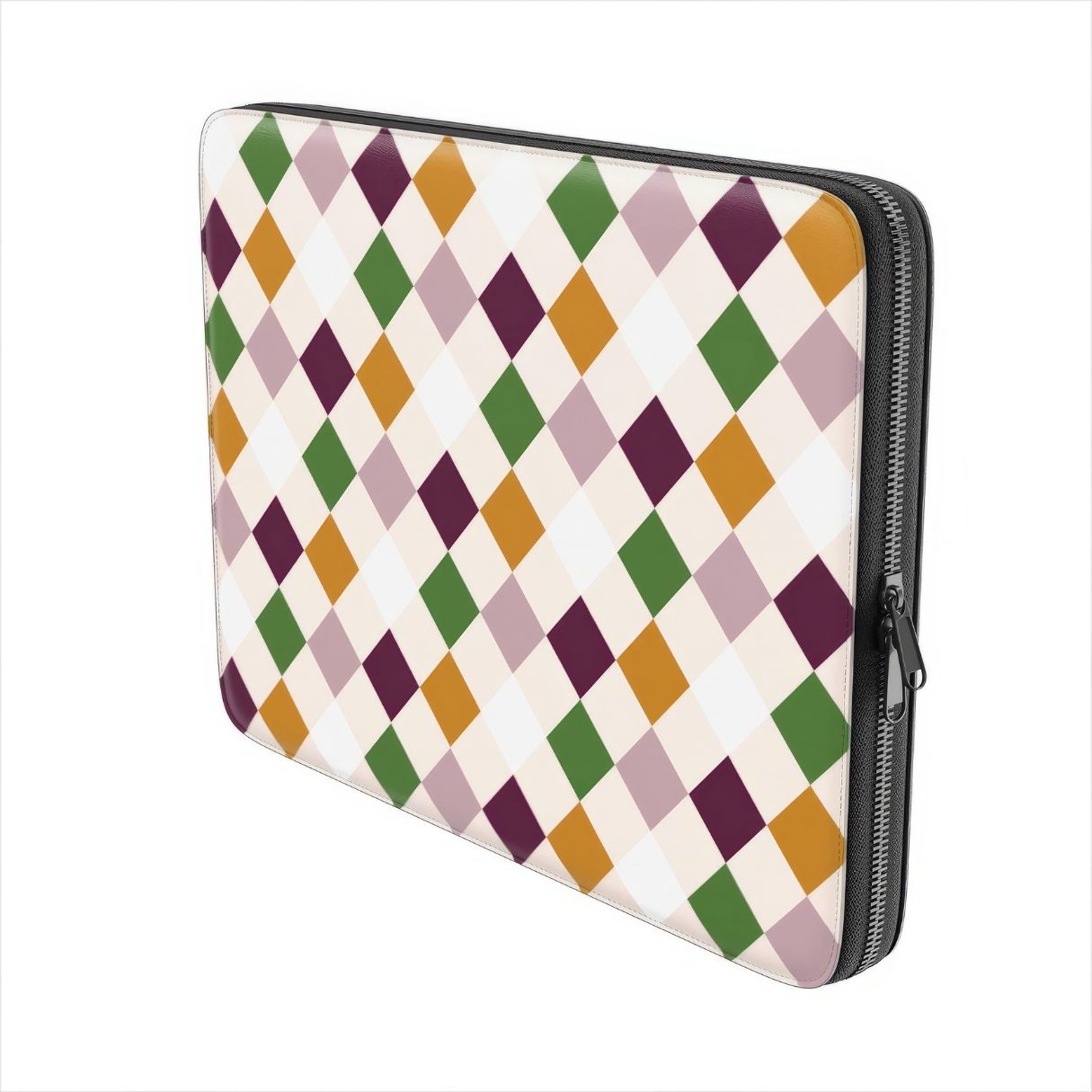 Laptop Sleeve with Wonder Chess pattern design with a dynamic geometric symmetry in chess style, featuring an elegant and expressive aesthetic design. Main colors are sugar brown, green, deep cherry and pink. Side view.