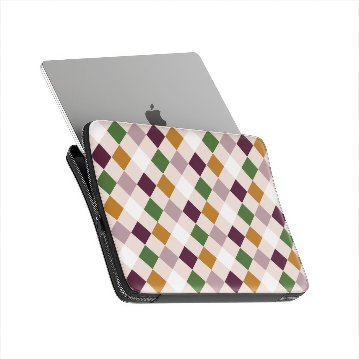 Laptop Sleeve with Wonder Chess pattern design with a dynamic geometric symmetry in chess style, featuring an elegant and expressive aesthetic design. Main colors are sugar brown, green, deep cherry and pink. Side view with device.