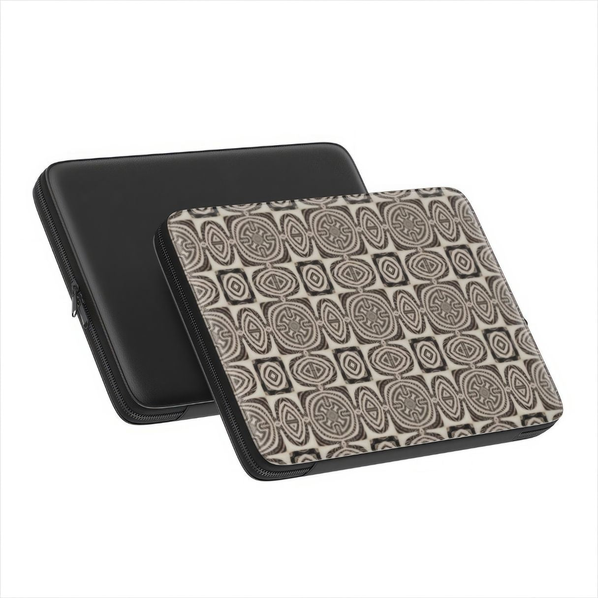 Laptop Sleeve with Wooden Snake 1 pattern, ornamental pattern; kaleidoscope pattern imagination. Brown color. Bold expressive aesthetic design. Colorful and interior fit. Front and back view.