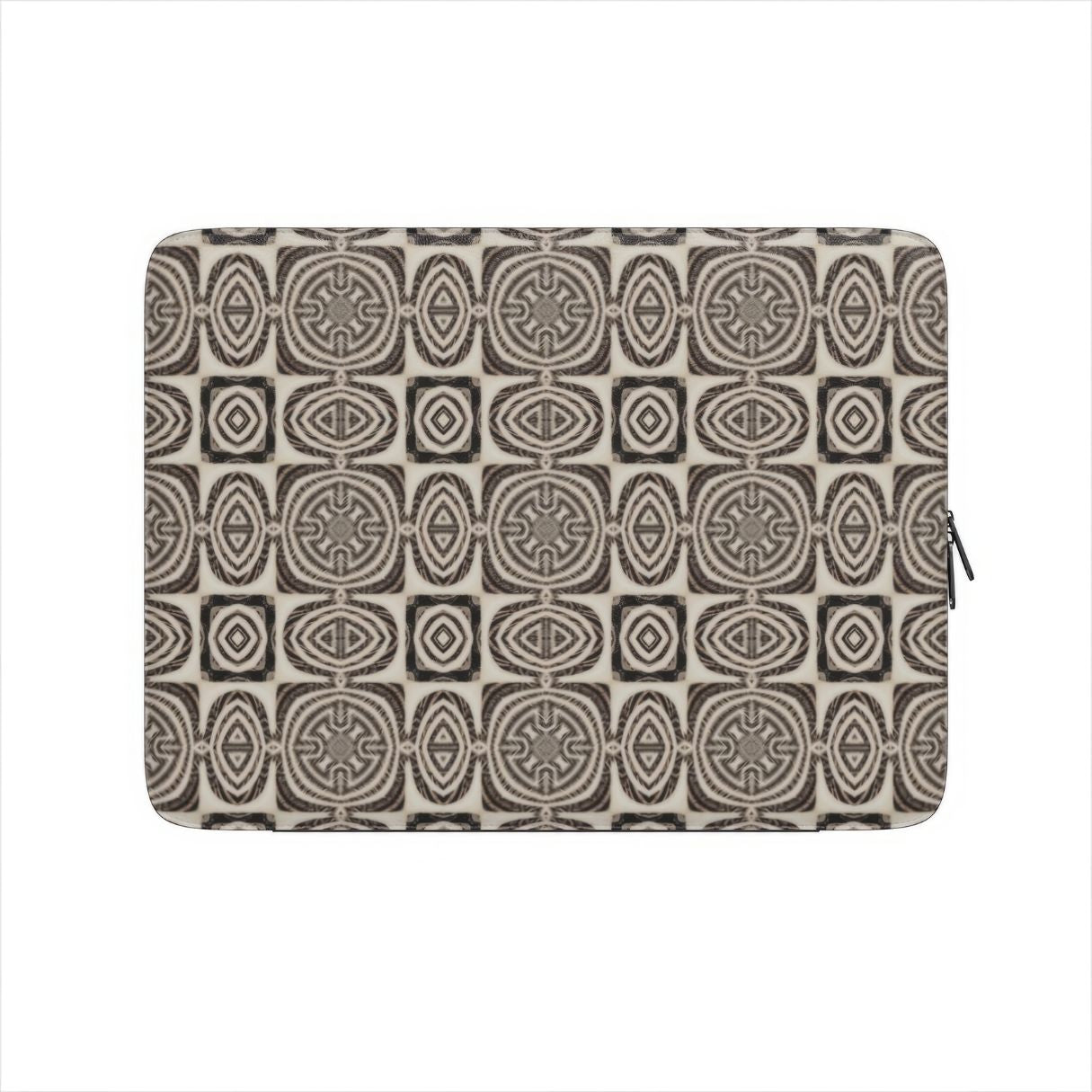 Laptop Sleeve with Wooden Snake 1 pattern, ornamental pattern; kaleidoscope pattern imagination. Brown color. Bold expressive aesthetic design. Colorful and interior fit. Front view.