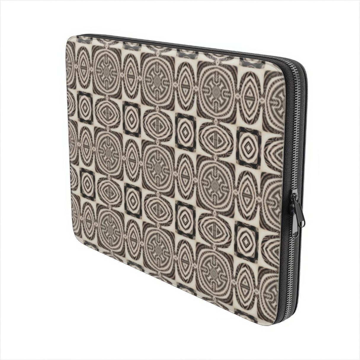 Laptop Sleeve with Wooden Snake 1 pattern, ornamental pattern; kaleidoscope pattern imagination. Brown color. Bold expressive aesthetic design. Colorful and interior fit. Side view.