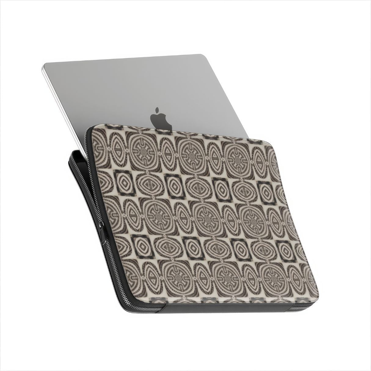Laptop Sleeve with Wooden Snake 1 pattern, ornamental pattern; kaleidoscope pattern imagination. Brown color. Bold expressive aesthetic design. Colorful and interior fit. Side view with device.