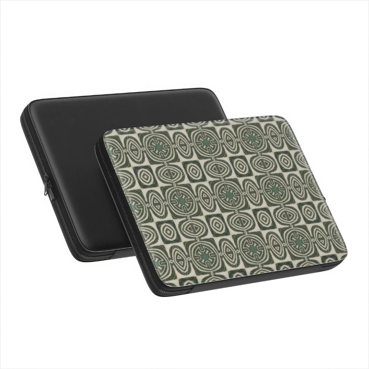 Laptop Sleeve with Wooden Snake 2 pattern, ornamental pattern; kaleidoscope pattern imagination. Green color. Front and back view.