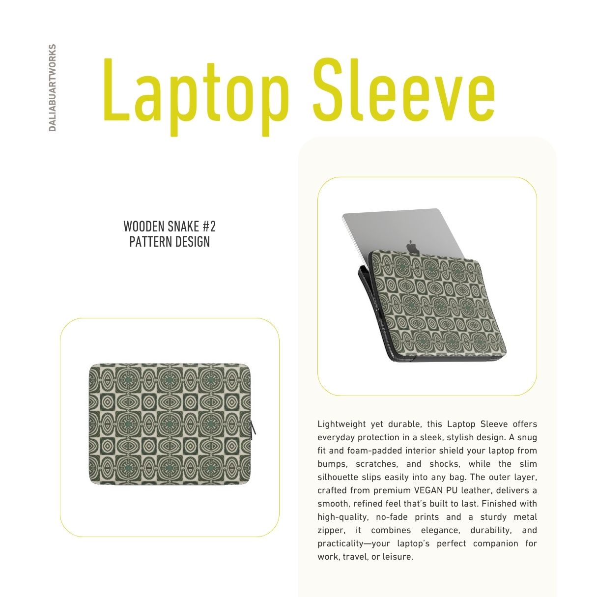 Laptop Sleeve with Wooden Snake 2 pattern, ornamental pattern; kaleidoscope pattern imagination. Green color. Description.