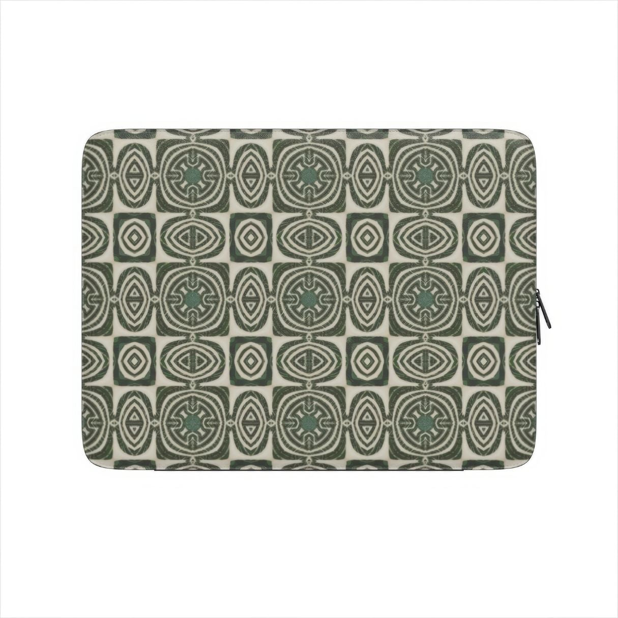Laptop Sleeve with Wooden Snake 2 pattern, ornamental pattern; kaleidoscope pattern imagination. Green color. Front view.